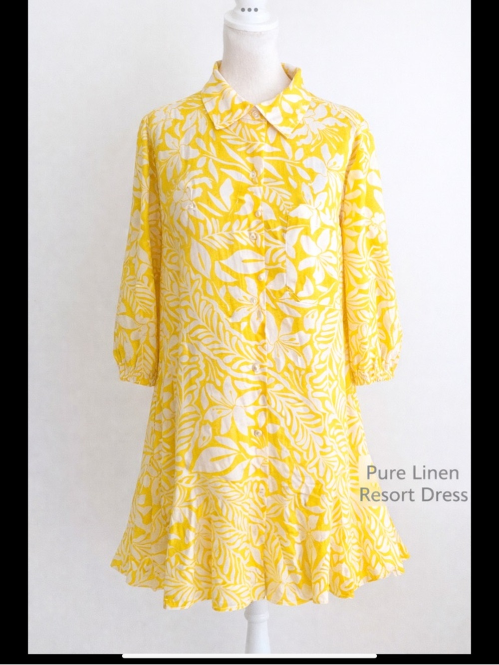 Yellow Linen Tropical Shirt Dress Charter Club Luxury Resort Vacation Dress L